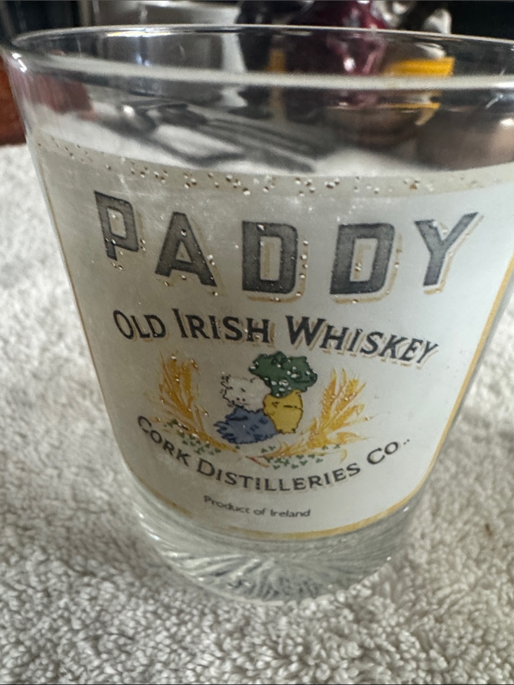 Old Irish Whiskey Branded Clear Glass - White & Gold Label…Vintage’50s